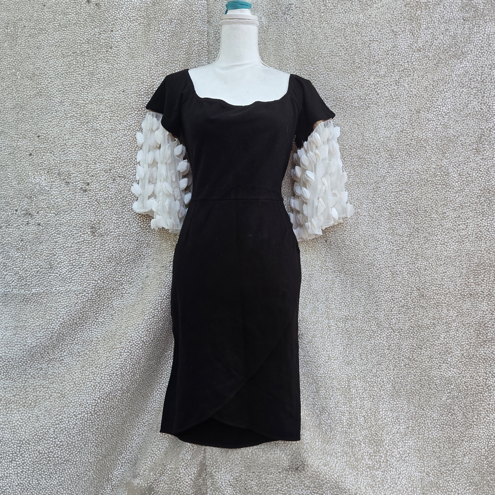 Anne Fontaine Black Midi Dress with White Textured Sleeves